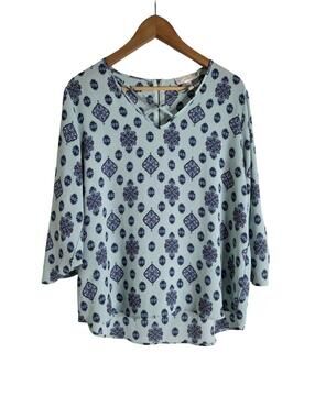 Pink Republic Boho Medallion Print Blouse Geometric Navy Tile Pattern Size XL